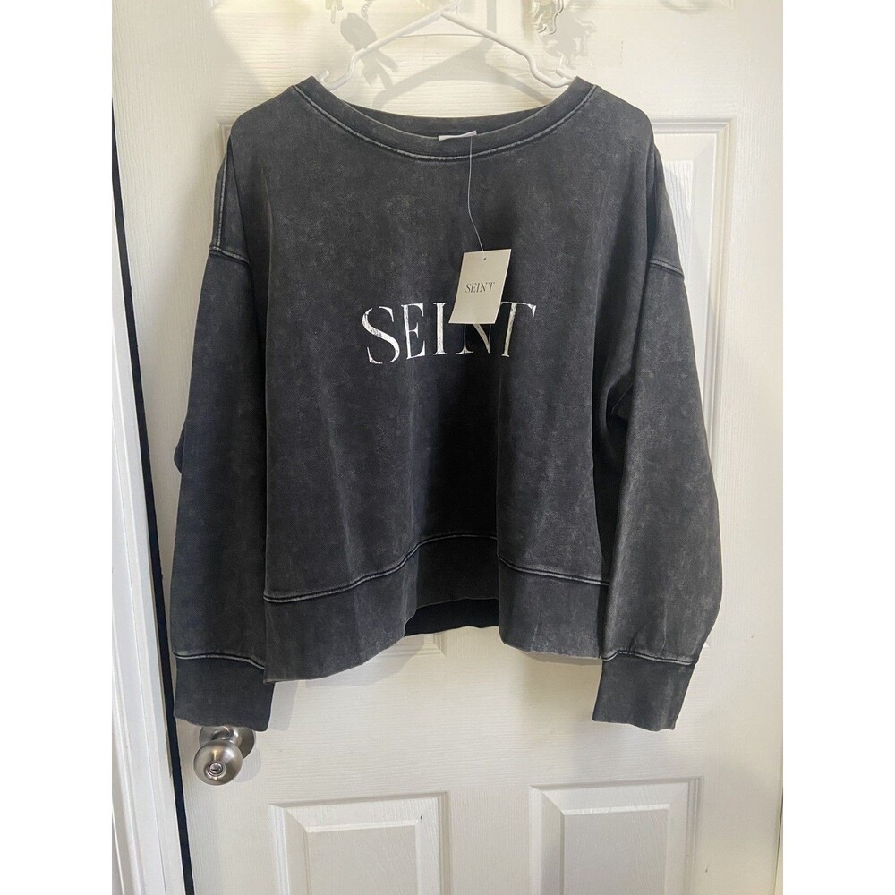 Seint Cropped Distressed Mineral Wash Crewneck Sweatshirt Dark Gray Size large